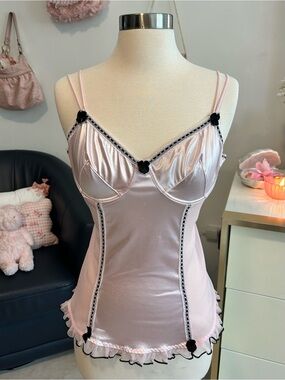 Nature Intimates Vintage Y2K Delicate Pink Satin Chemise with Black Trim